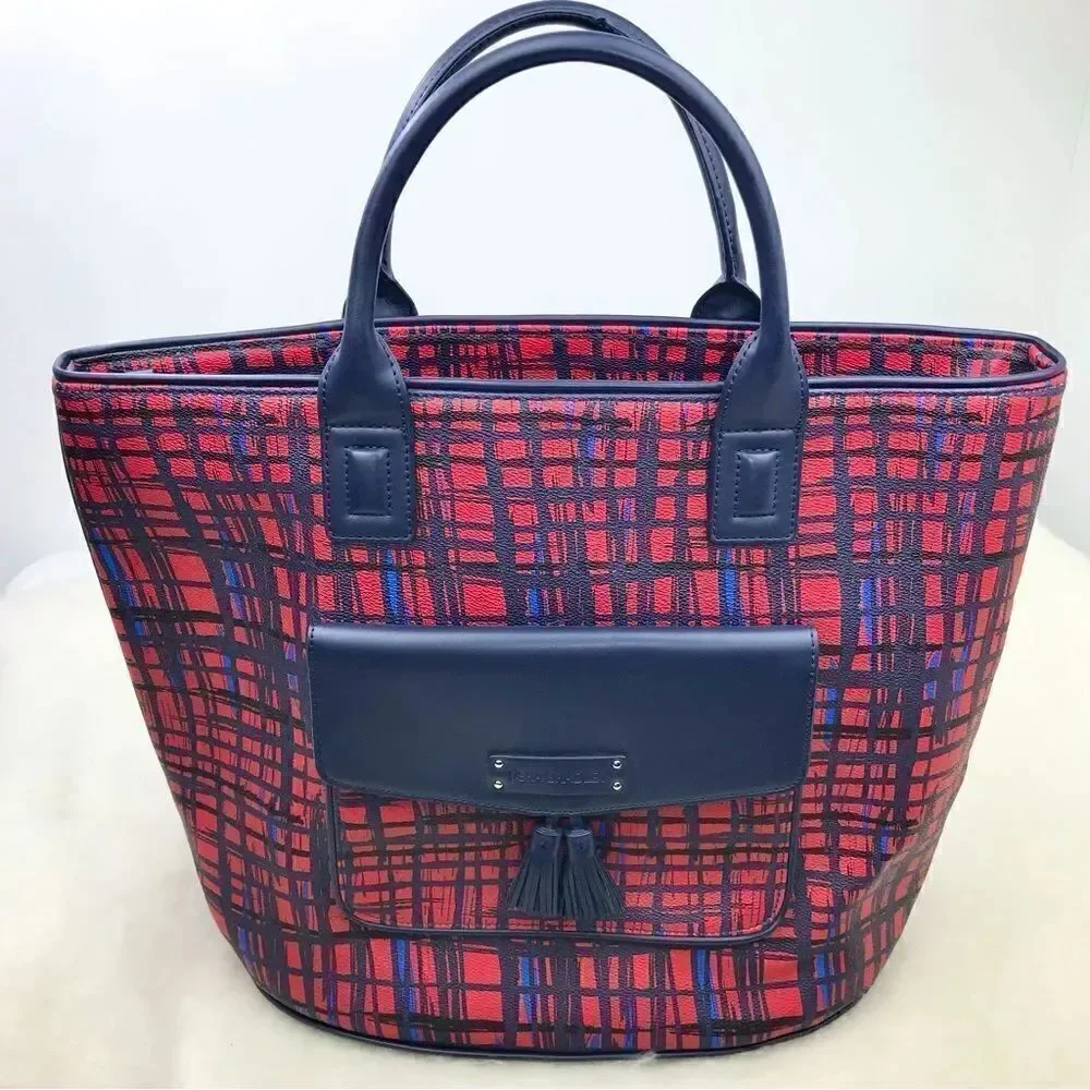 Very Bradley Red Blue Linear Graphic Double Handle Like New Travel Tote
